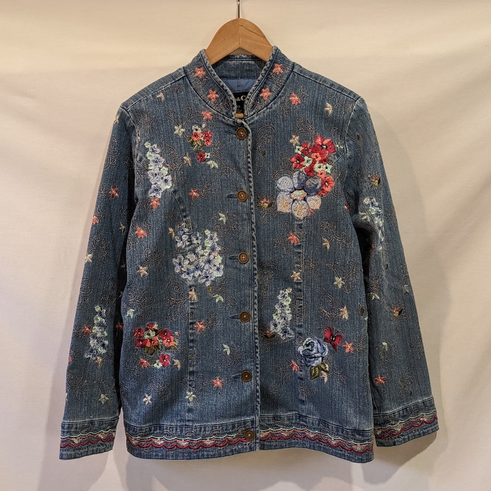 Vintage Denim&Co Floral Embroidered Lined Denim Boxy Jacket Size Small